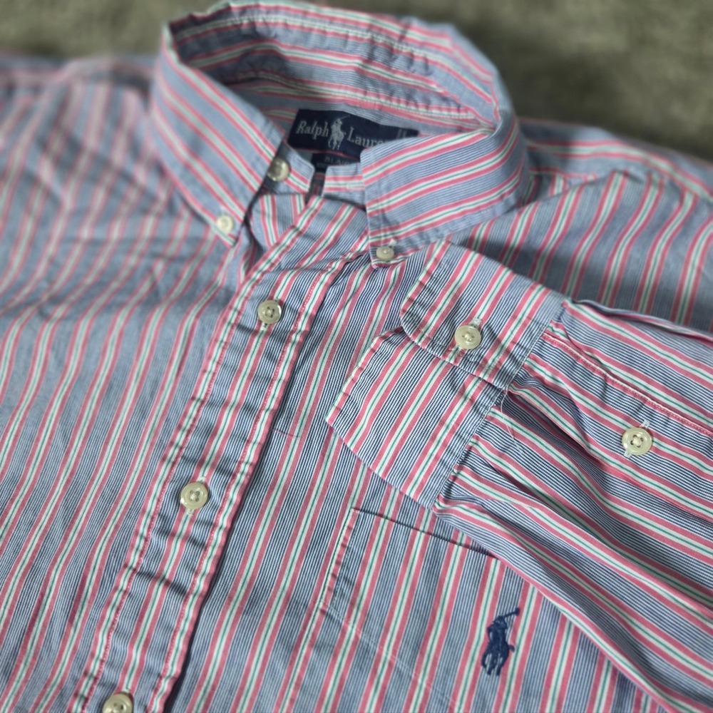 Ralph Lauren Blaire Mens‎ Large Blue Pink Striped Cotton Button Down Shirt L